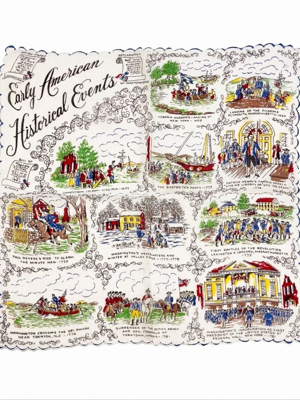 Vintage Early American Historical Events Souvenir Handkerchief